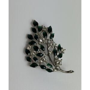 VTG Lianna Signed LIA Clear Silver‎ Jeweled Green Enameled Leaf Pin/Brooch
